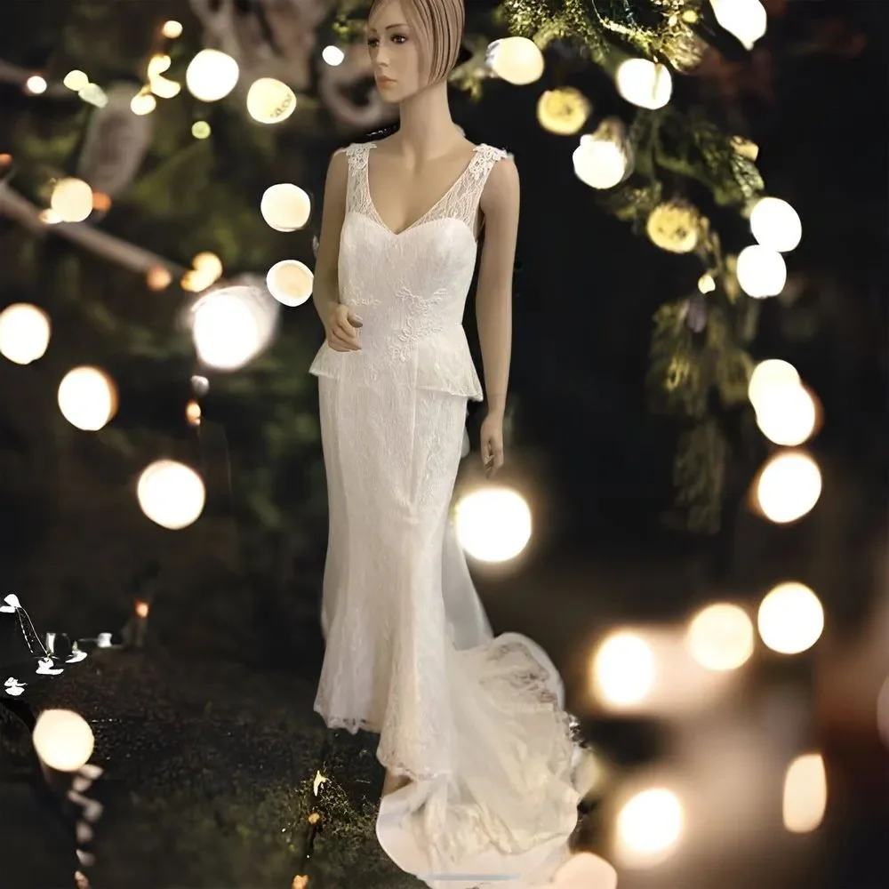 David's Bridal Galina Ivory Lace‎ Peplum Button-Up Wedding Dress 8